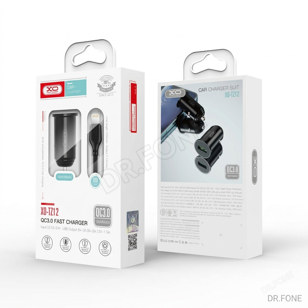 DRFONE-IMG-1 XO TZ12 QC3.0 18W car charger with Apple USB cable in black for fast, efficient mobile charging